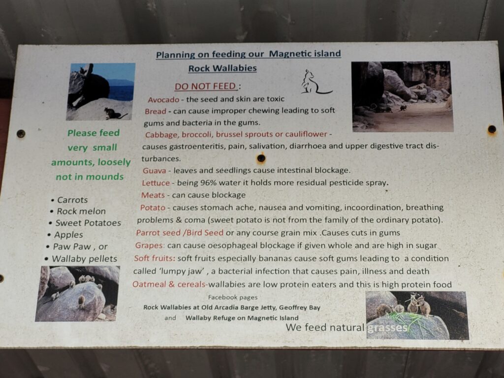 Signs for feeding Allied Rock Wallaby at Armand Way