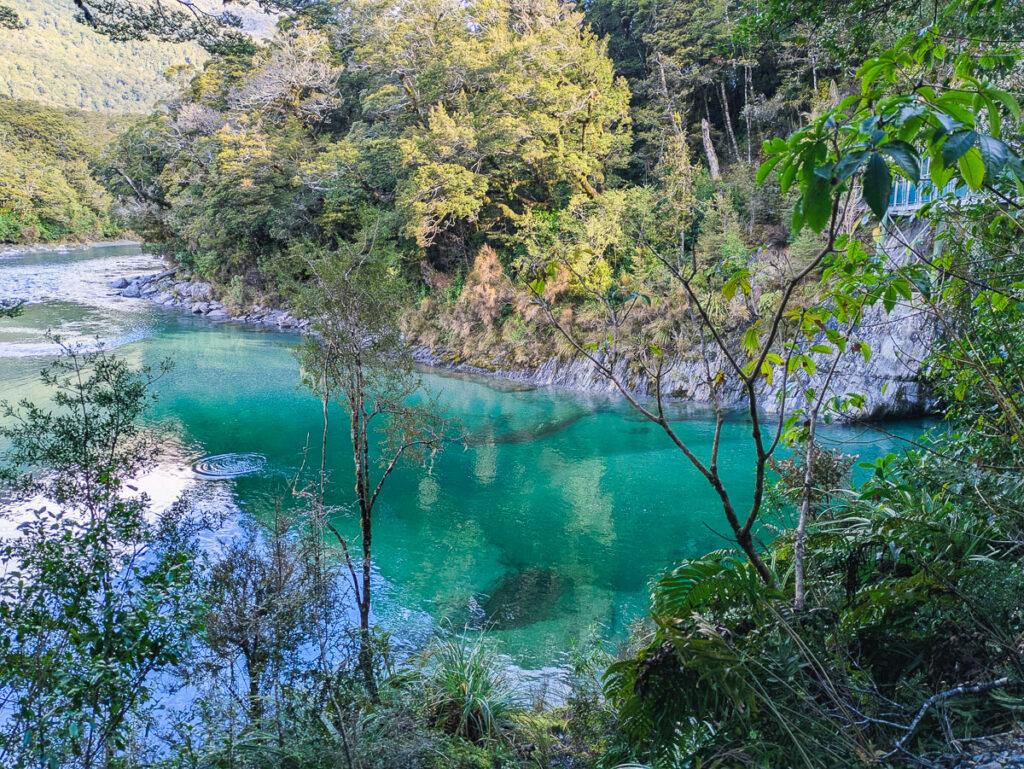 View of the Blue Pools from the second swing bridge